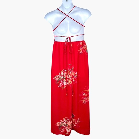 Size Large Red Floral Halter Maxi Dress Plunging Neckline Backless Design EUC - Picture 6 of 9